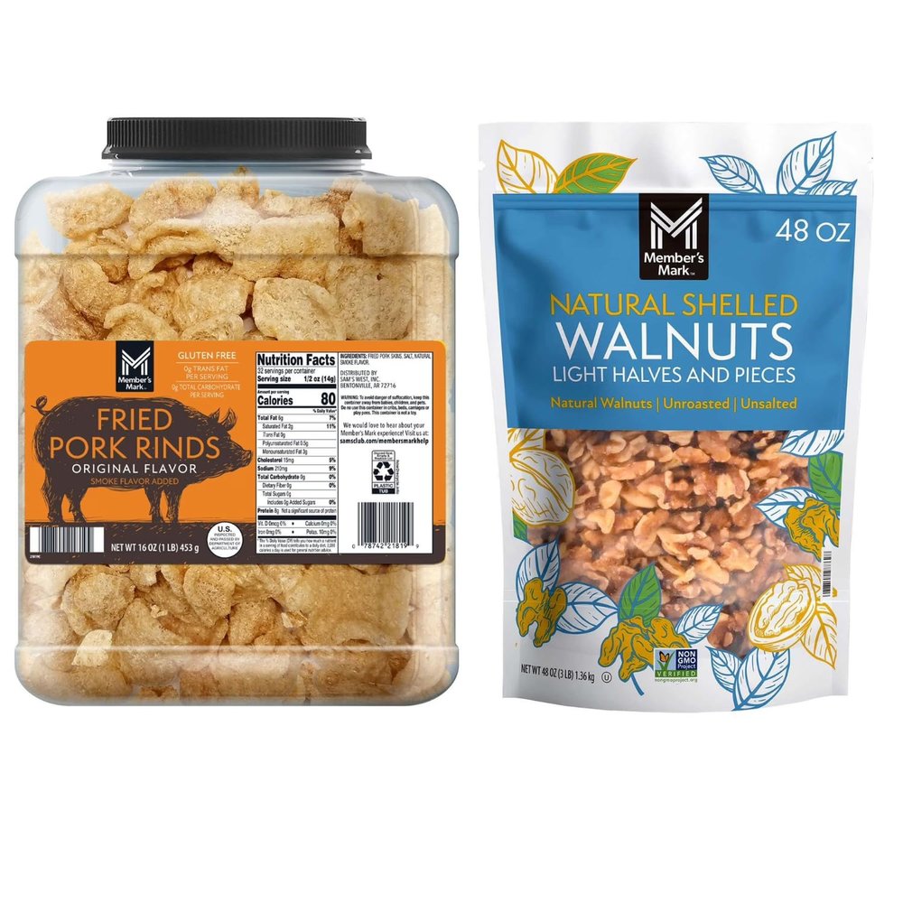 Member's Mark Original Fried Pork Rinds 16 oz + Member's Mark Natural Shelled Walnuts 48 oz Keto & Low-Carb Snack Bundle