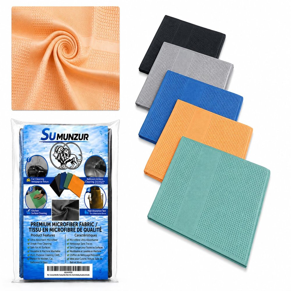 SUMUNZUR Microfiber Cleaning Cloth, Set of 5,Streaks, Super Absorbent, Glass,Perfect for Wet or Dry Cleaning, Ideal for Kitchen, Bathroom, and Car Detailing, Reusable and Durable, Chiffon vitres