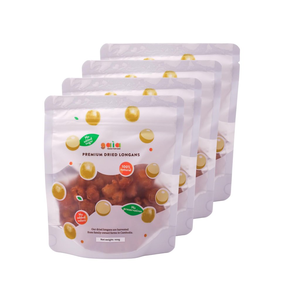 Gaia Harvest Dried Longan Pack of 4 (4 x 100g) | 100% Natural Dried Fruit | No Preservatives or Added Sugar | Rich in Vitamins and Minerals | Premium Cambodian Longan