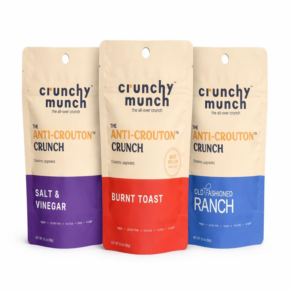Crunchy Munch Anti-Crouton Crunch Variety Bundle, 3 Flavors (Salt & Vinegar, Burnt Toast, Old-Fashioned Ranch), Gluten-Free, Vegan, 5 oz Each, 3 Pack