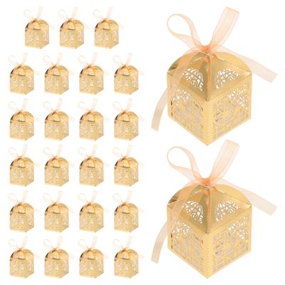 GLEAVI 25pcs Hollow Laser Cut Wedding Candy Boxes with Ribbon Vintage Party Goodies Containers for Wedding Treats and Valentines Day Wrapping