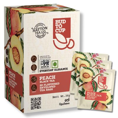 BUD TO CUP Ceylon Black Tea Bags, Peach Flavored Pure Sri Lankan Estate Tea, Naturally Infused Fruit Flavor, 20 Individually Wrapped Bags