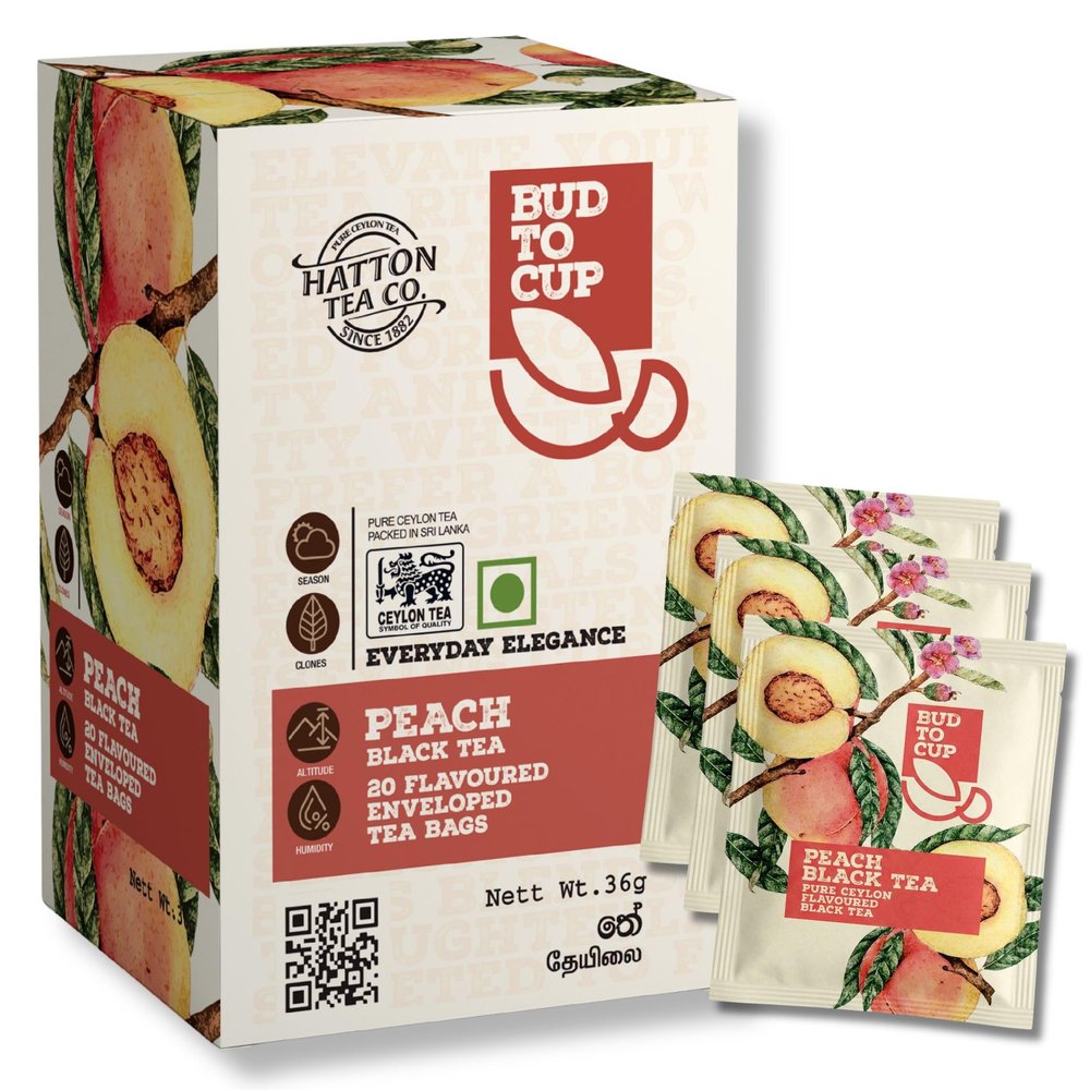 BUD TO CUP Ceylon Black Tea Bags, Peach Flavored Pure Sri Lankan Estate Tea, Naturally Infused Fruit Flavor, 20 Individually Wrapped Bags