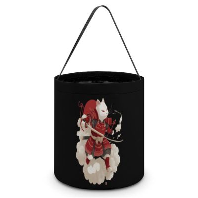 Japanese Cat Samurai Printed Easter Basket Cute Bucket Tote for Easter Egg Hunts Decorations Gifts Storage