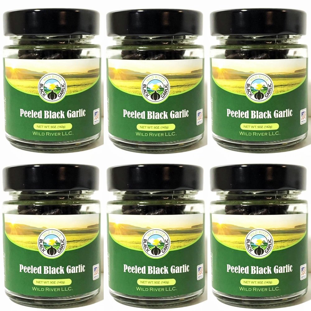 100% American Grown Peeled Black Garlic Cloves, Wild River, Made in USA, 90 Days Naturally Aged Gilroy California Garlic, 6 Pack (5 oz Each Jar)
