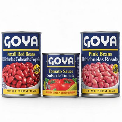 Goya Tomato Sauce & Bean Trio Spanish Style Tomato Sauce (8 oz), Pink Beans (15.5 oz), Small Red Beans (15.5 oz) Canned Red Beans, Quick Stew & Rice Topper Bundle