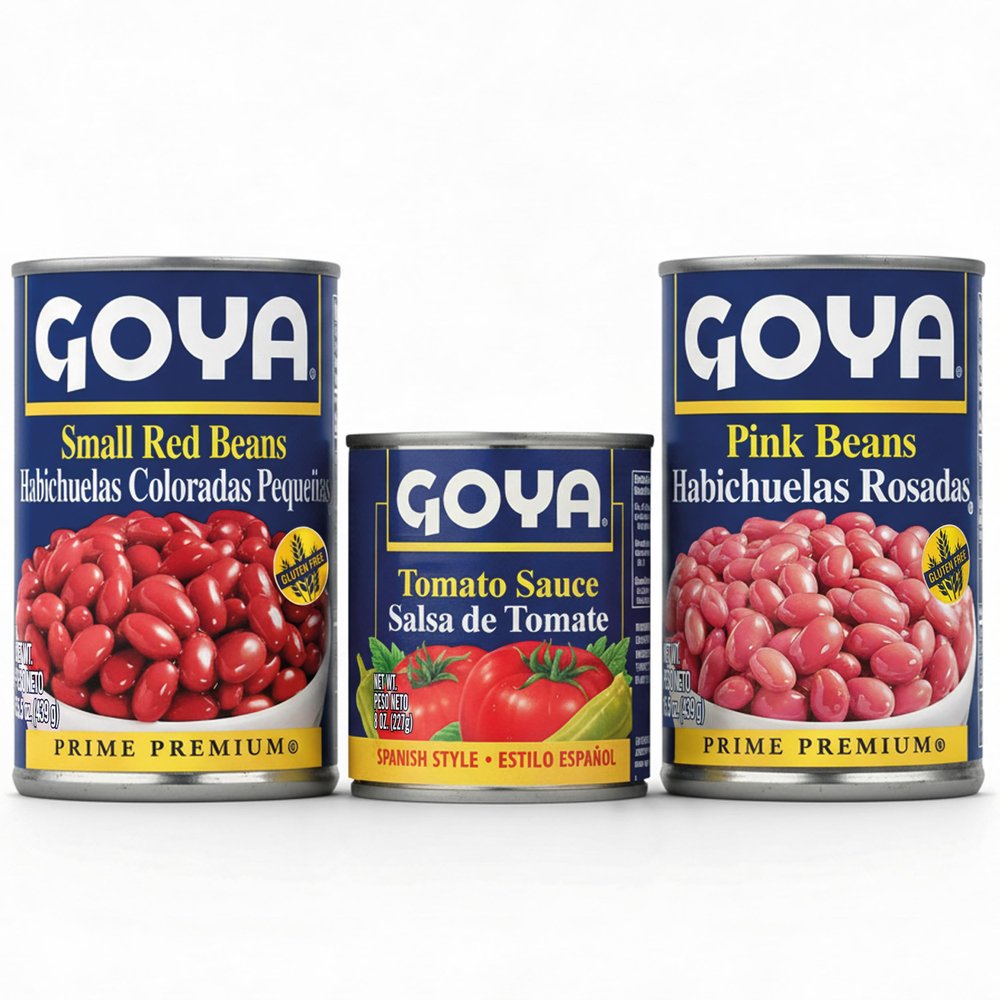 Goya Tomato Sauce & Bean Trio Spanish Style Tomato Sauce (8 oz), Pink Beans (15.5 oz), Small Red Beans (15.5 oz) Canned Red Beans, Quick Stew & Rice Topper Bundle