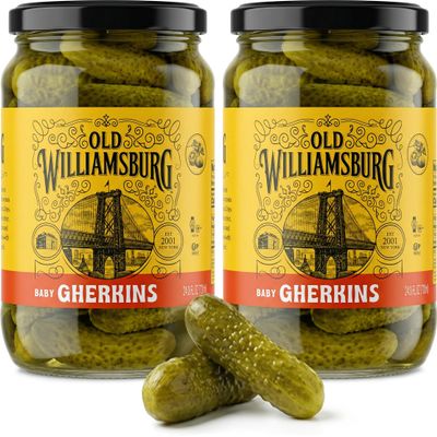 Old Williamsburg Baby Gherkins, 24.3 oz (2 Pack) | Crunchy Dill Pickles in Brine | Garlic & Dill Flavor | Snack Pickles, Sandwich & Charcuterie Topping