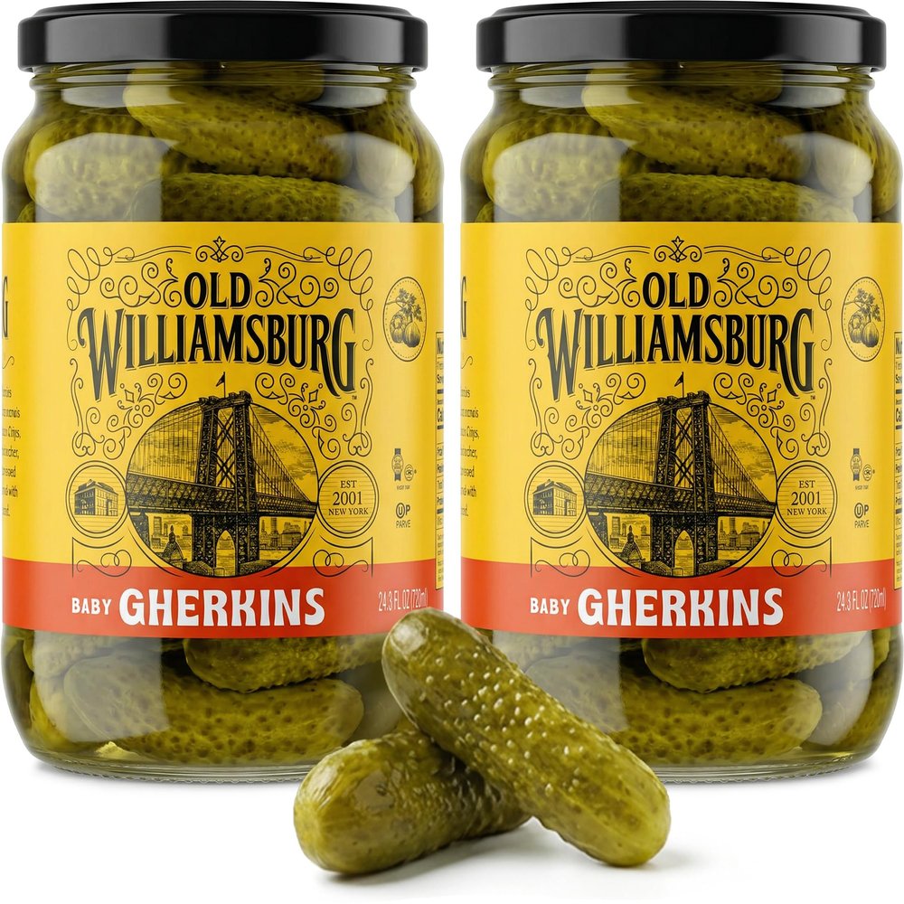 Old Williamsburg Baby Gherkins, 24.3 oz (2 Pack) | Crunchy Dill Pickles in Brine | Garlic & Dill Flavor | Snack Pickles, Sandwich & Charcuterie Topping