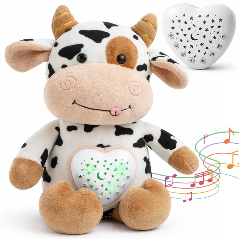 Baby Sound Machine Plush Cow with Cry Detector & Star Projector USB Rechargeable White Noise Machine Baby with 15 Melodies & Timer Lullaby Sound Machine & Baby Sleep Soother for Newborns