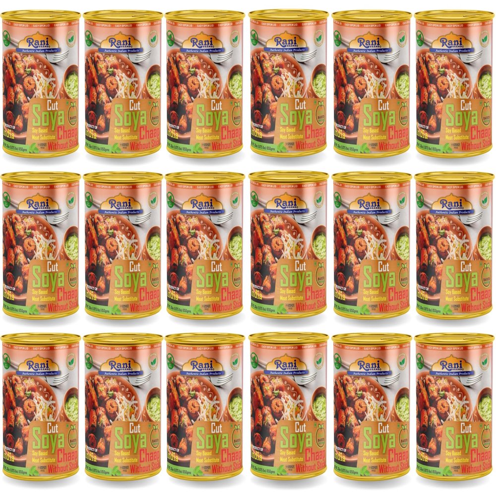 Rani Cut Soya Chaap Whitout Stick (Plant Based Protein) 30oz (1.875lbs) 850g Pack of 18 ~ Easy Open Lid | All Natural | Vegan | No Colors | NON-GMO | Kosher | Indian Origin | Soy Based Meat Substitute