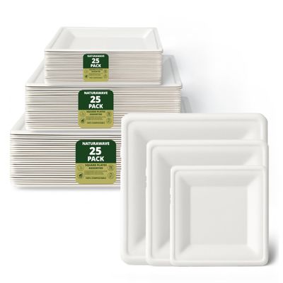 100% Compostable 6" 8" and 10" Square Paper Plates [75-Pack] - BPI Certified & ASTM compliant- [Assorted] Heavy Duty, Eco-Friendly, Biodegradable Bagasse Dinner Plates - White Variety Plates