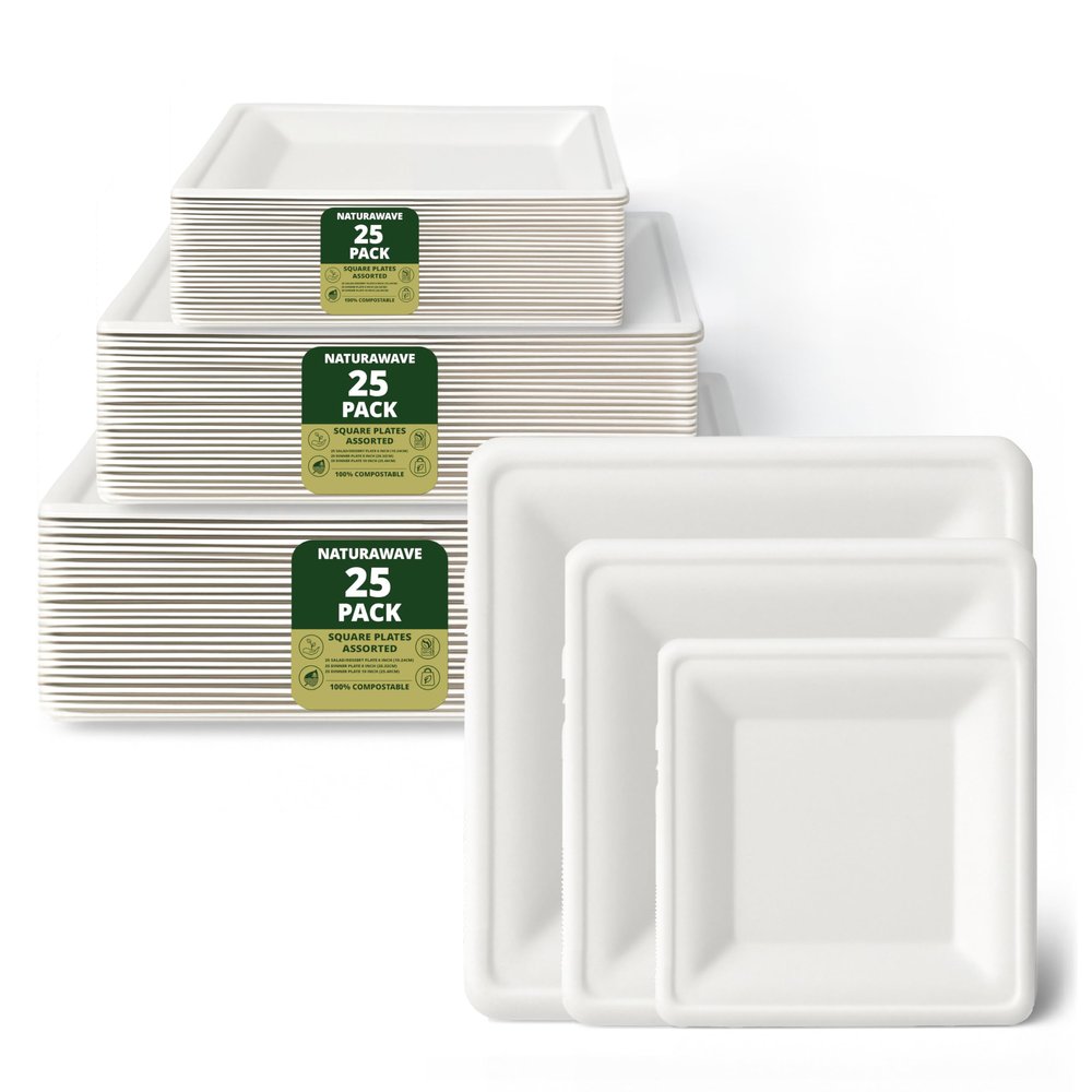 100% Compostable 6" 8" and 10" Square Paper Plates [75-Pack] - BPI Certified & ASTM compliant- [Assorted] Heavy Duty, Eco-Friendly, Biodegradable Bagasse Dinner Plates - White Variety Plates