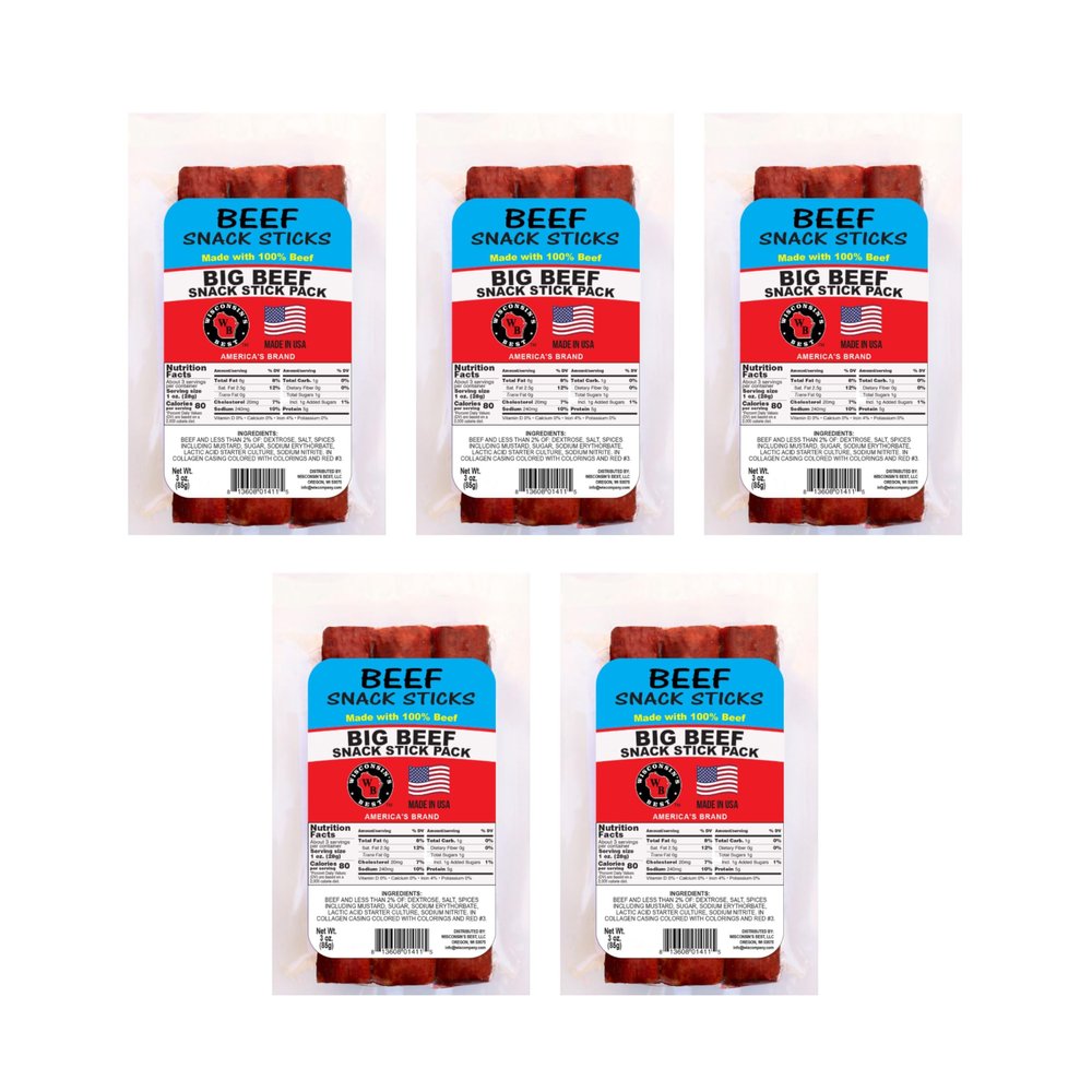 Wisconsins Best 100% Beef Snack Sticks Naturally Smoked Meat Sticks Made in Wisconsin Keto Friendly, Low Carb, High Protein Individually Wrapped 3 oz Snack Packs (Pack of 5)