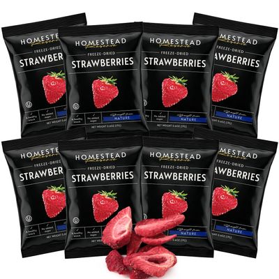 HOMESTEAD RESERVE Freeze Dried Strawberry, Pack of 8 Dried Fruit Snacks Individual Packs, Ideal Fruits Chips for Healthy Lifestyles and Active Living, Perfect Everyday Snacking