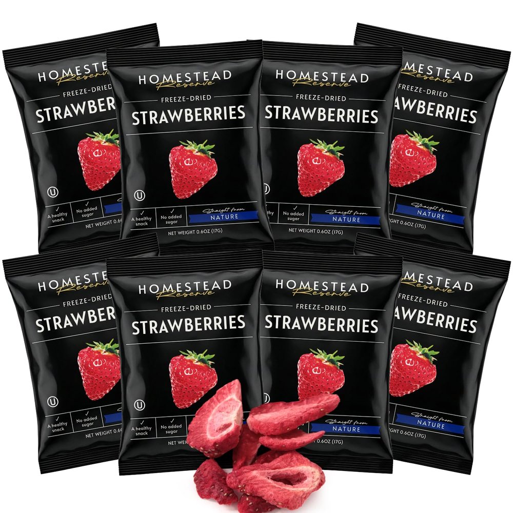 HOMESTEAD RESERVE Freeze Dried Strawberry, Pack of 8 Dried Fruit Snacks Individual Packs, Ideal Fruits Chips for Healthy Lifestyles and Active Living, Perfect Everyday Snacking
