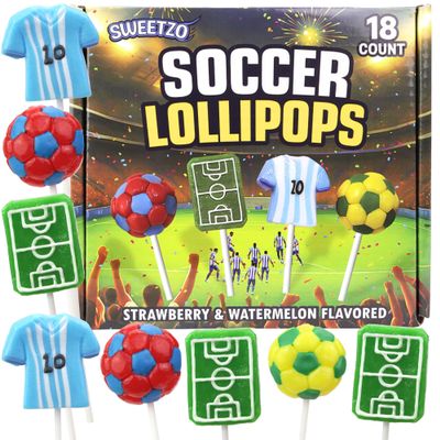 Soccer Lollipops, Ball, Jersey, and Field Individually Wrapped Suckers, Sports Team Party Favor Snack Candy and Goodie Bag Fillers, 18 Count