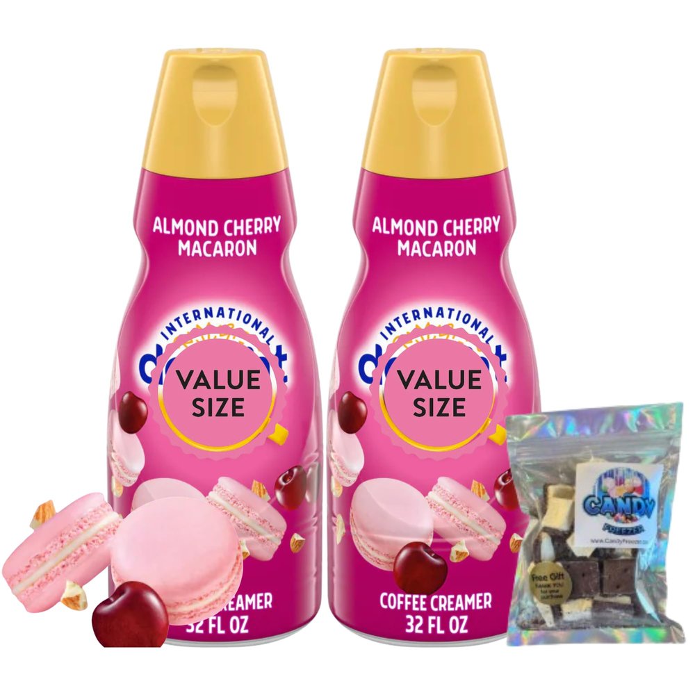 Premium Liquid Coffee Creamer.- Pack of Two (2) 32 fl oz Bottles of Smooth & Creamy Delightful Coffee Creamer and Candy Freezer Freezer Dried Ice Cream Bites (Almond Cherry Macaron) - Candy