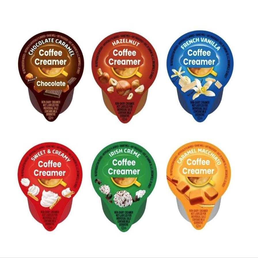 Coffee Creamer Single Serve Variety Pack, (48ct/ 6 Different Flavor) French Vanilla, Irish Cream, Caramel Macchiato, Sweet Cream, Chocolate Caramel, Hazelnut (Box of 48)