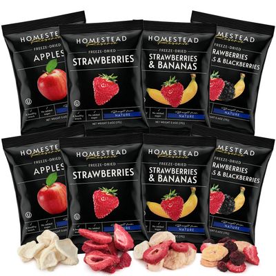 HOMESTEAD RESERVE Freeze Dried Fruit Snacks, Pack of 8 (0.6oz Each) Bulk Freeze-Dried Fruit for Home or Travel Individual Snack Packs for Lunchboxes Includes Apples, Strawberries, Blackberries & Bananas.