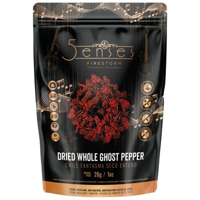 5Senses Dried Whole Ghost Peppers | Bhut Jolokia, Chile Fantasma | Firestorm | Single Origin, 100% Natural, Non-GMO, Fairtrade, Vegan Spice, Whole Chili Pods | Assam Ghost Chili | Naga Jolokia | Super Hot Pepper | Extreme Heat Chili (28g/1oz)