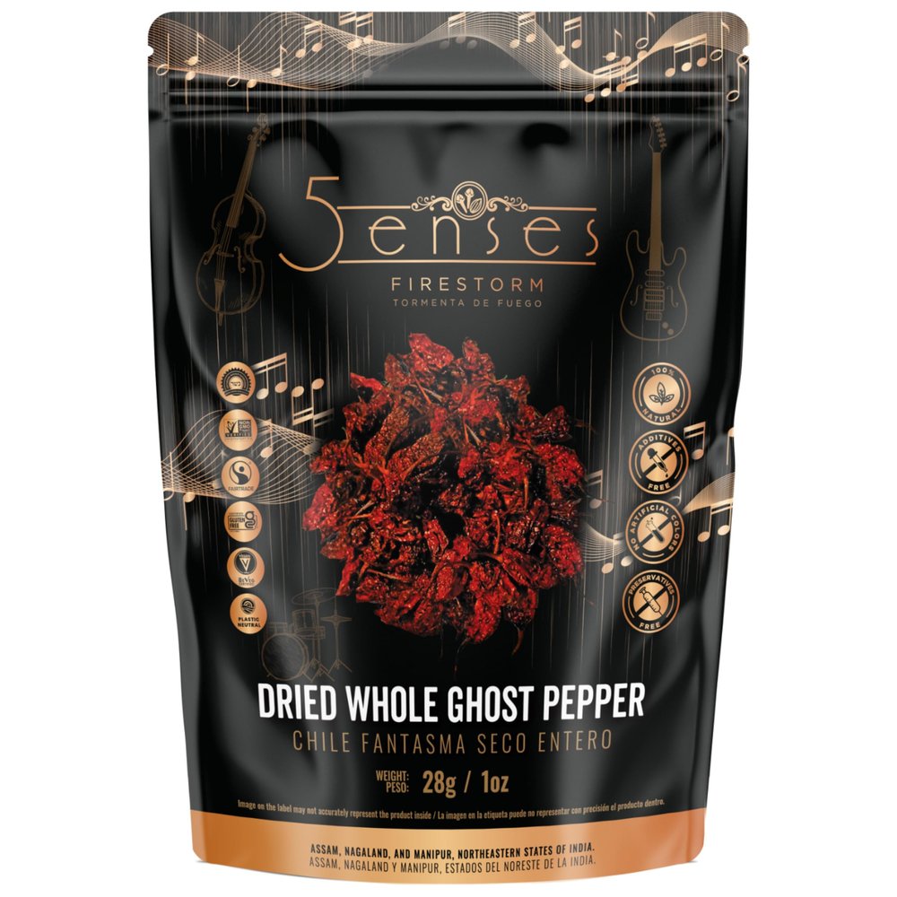 5Senses Dried Whole Ghost Peppers | Bhut Jolokia, Chile Fantasma | Firestorm | Single Origin, 100% Natural, Non-GMO, Fairtrade, Vegan Spice, Whole Chili Pods | Assam Ghost Chili | Naga Jolokia | Super Hot Pepper | Extreme Heat Chili (28g/1oz)