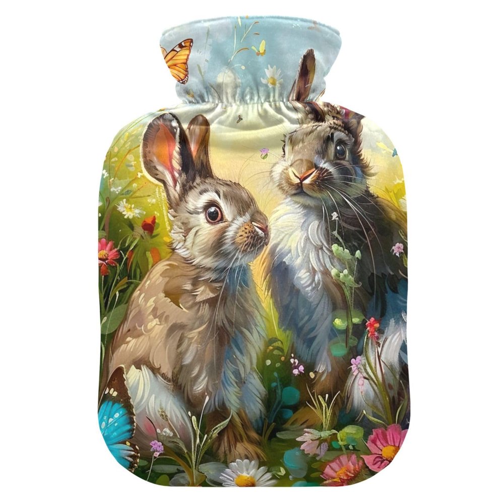 Painting Bunnies Meadow Spring Hot Water Bottles with Velvet Cover Hot Water Bag for Neck and Shoulder Pain Relief Small