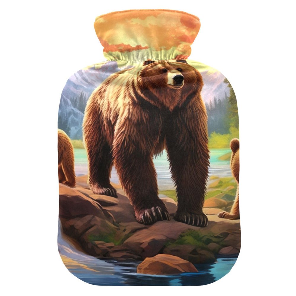 Grizzly Bears Landscape Hot Water Bottle with Soft Cover Hot Water Bag for Pain Relief Medium