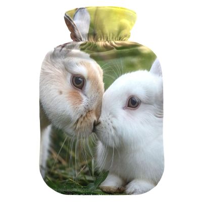 Rabbits Kiss Love Valentine Hot Water Bottle with Velvet Cover Warm Water Heat Bottles for Menstrual Cramps Pain Relief Medium