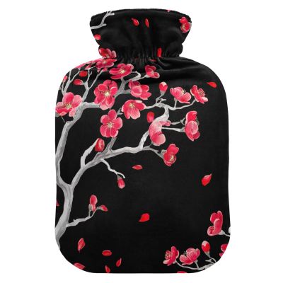 Red Flowers Gray Branches Black Hot Water Bottle with Soft Velvet Cover Hot Water Bag for Hot and Cold Compress Small