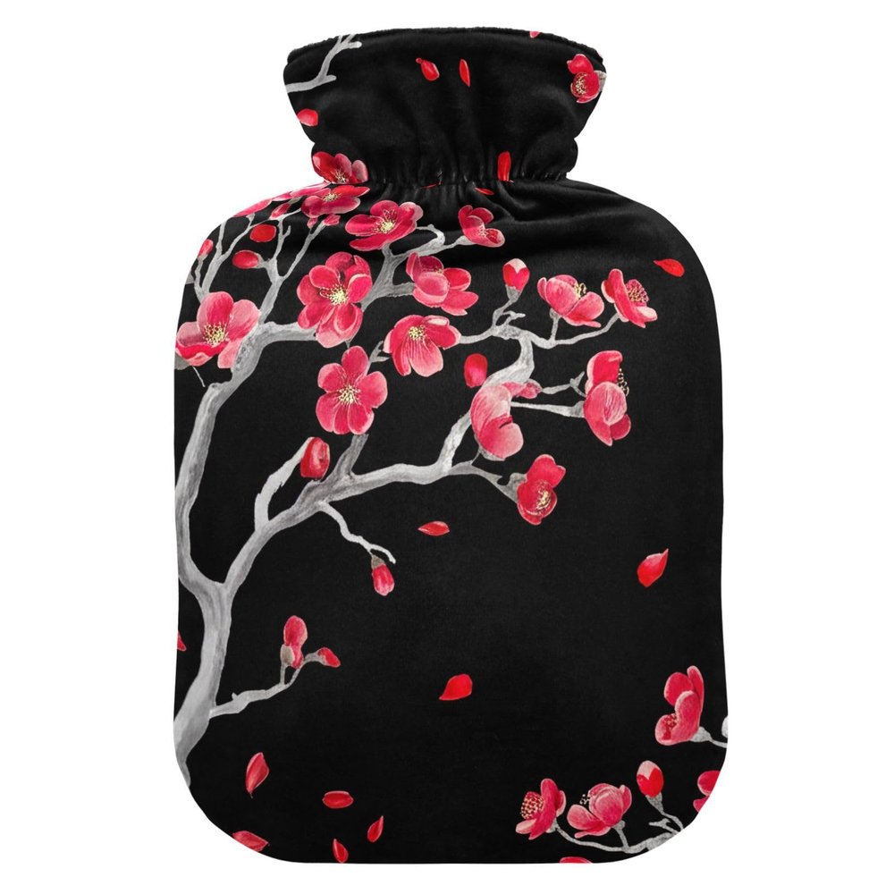 Red Flowers Gray Branches Black Hot Water Bottle with Soft Velvet Cover Hot Water Bag for Hot and Cold Compress Small