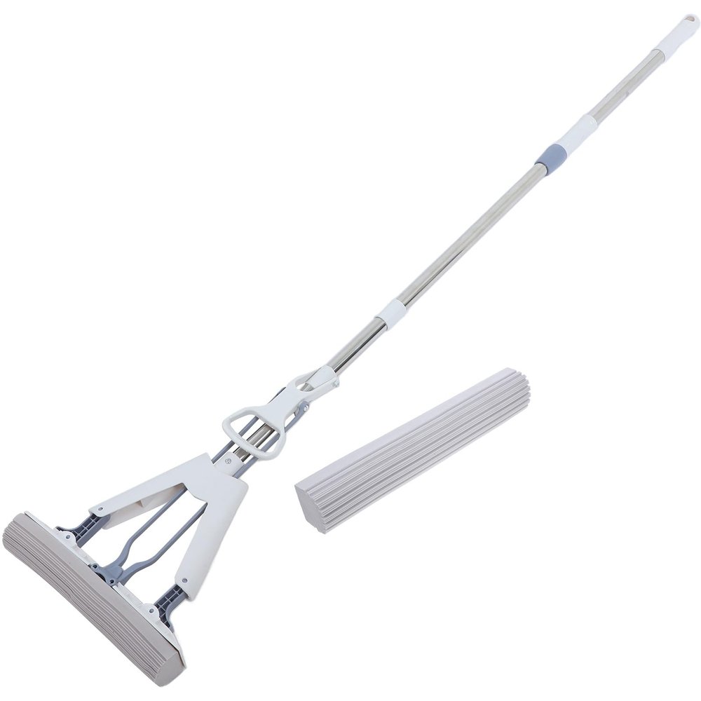 Tofficu Foldable Sponge Mop for Floor Cleaning, 28cm Dual-Head White Lazy Wet and Dry Household Mop with Self-Wringing Absorbent Cotton, Suitable for Tile Marble Laminate Floors
