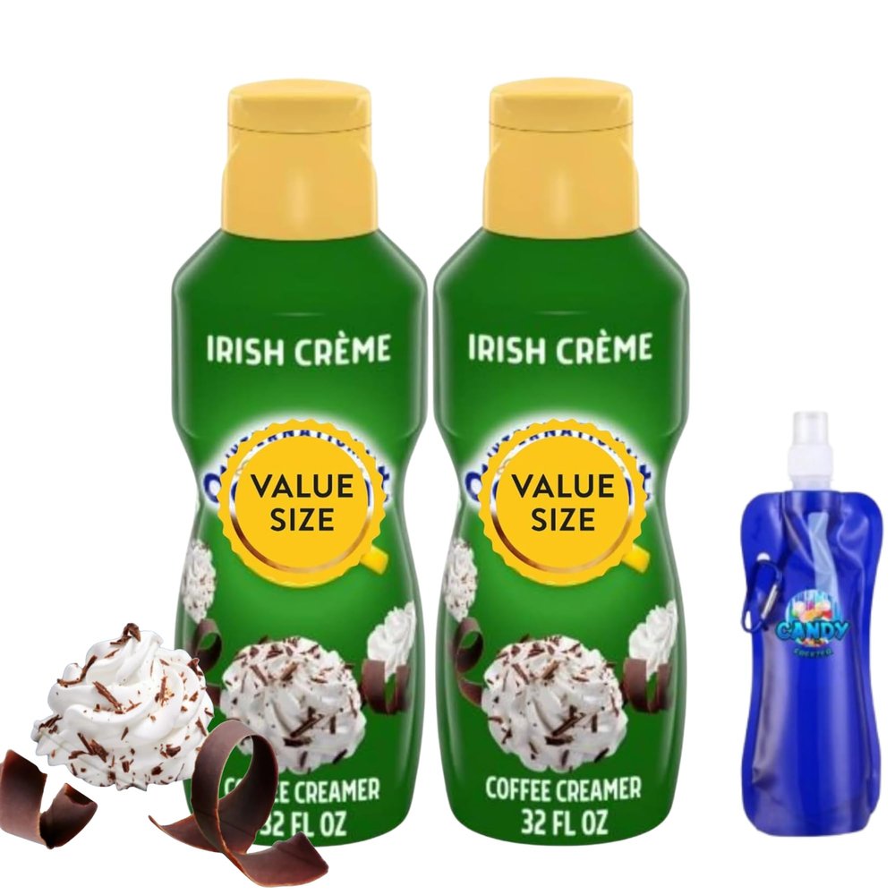 Irish Creme Liquid Coffee Creamer.- Pack of Two (2) 32 fl oz Bottles of Smooth & Creamy Delightful Coffee Creamer with Candy Freezer Collapsible Bottle (Irish Creme) Bottle