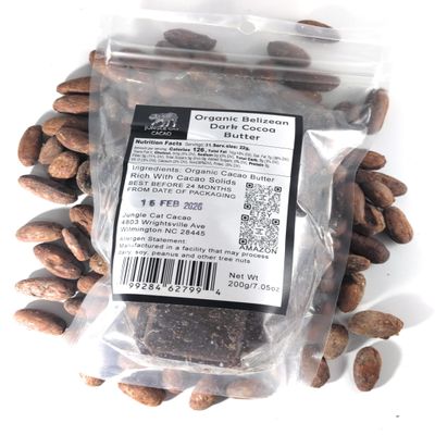 Jungle Cat Cacao Dark Organic Belizean Cocoa Butter - 200g / 7.05oz - Pressed From Fresh Roasted Cacao - Pefect For Making Couverture - Great For Chocolatiers