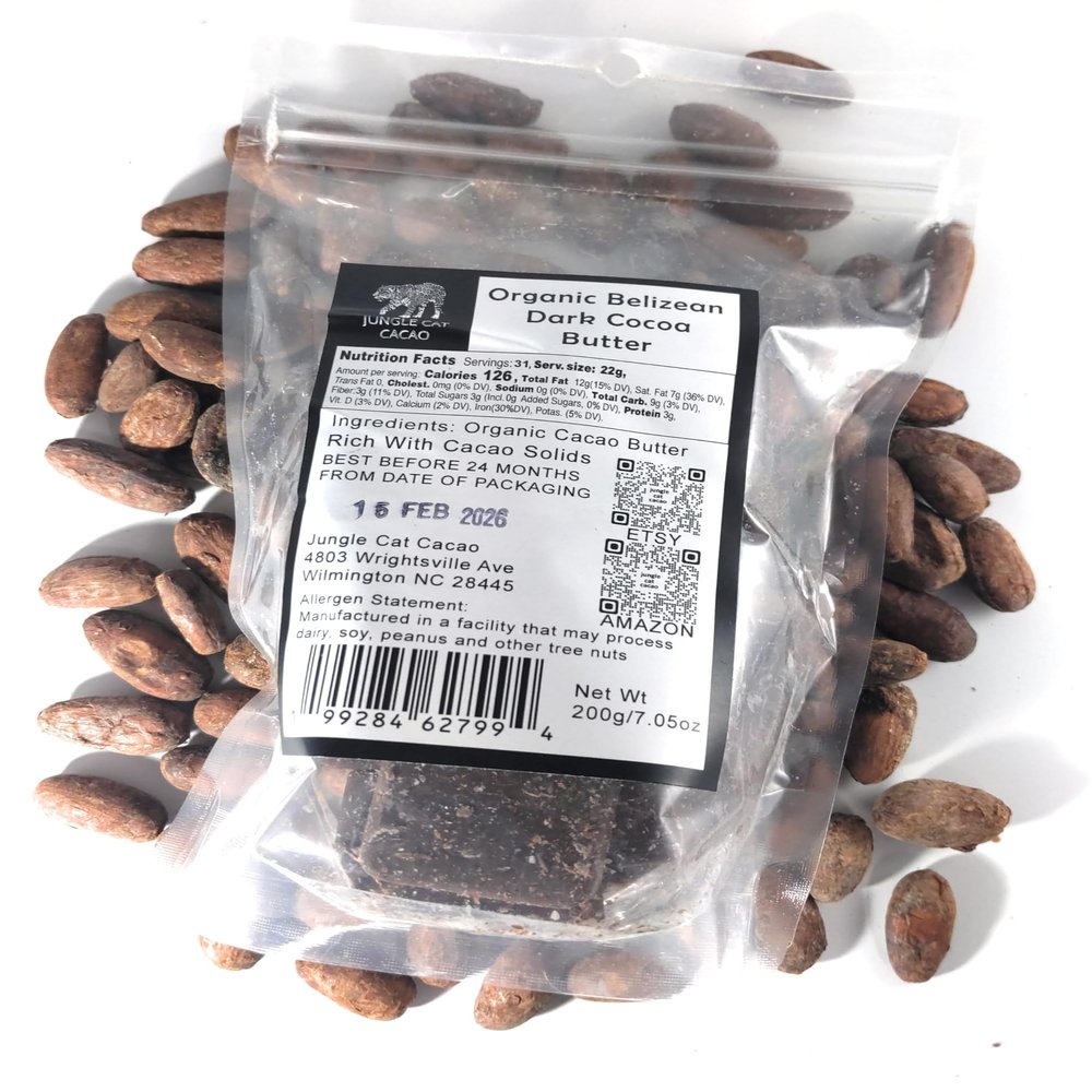 Jungle Cat Cacao Dark Organic Belizean Cocoa Butter - 200g / 7.05oz - Pressed From Fresh Roasted Cacao - Pefect For Making Couverture - Great For Chocolatiers