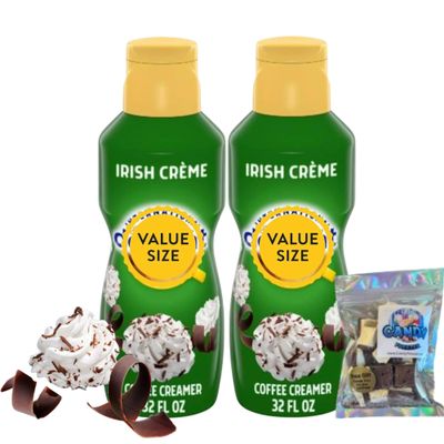 Irish Creme Liquid Coffee Creamer.- Pack of Two (2) 32 fl oz Bottles of Smooth & Creamy Delightful Coffee Creamer with Candy Freezer Freeze Dried Ice Cream Bites (Irish Creme) Candy