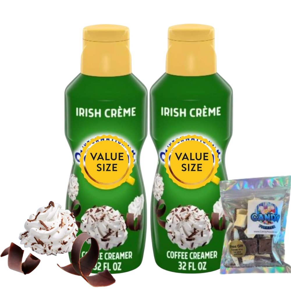 Irish Creme Liquid Coffee Creamer.- Pack of Two (2) 32 fl oz Bottles of Smooth & Creamy Delightful Coffee Creamer with Candy Freezer Freeze Dried Ice Cream Bites (Irish Creme) Candy