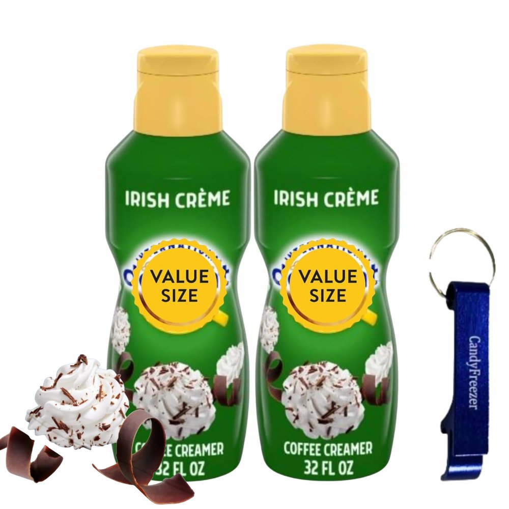 Irish Creme Liquid Coffee Creamer.- Pack of Two (2) 32 fl oz Bottles of Smooth & Creamy Delightful Coffee Creamer with Candy Freezer Bottle Opener Keychain (Irish Creme) Keychain