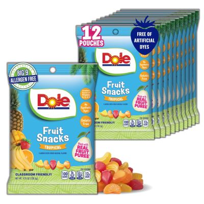 Dole Fruit Snacks, Tropical Flavors - Individually Wrapped Pouches - Classroom-Friendly, Top 9 Allergen Free, No Artificial Dyes, Natural Fruit Pure - 1 Box, 12 Total Pouches