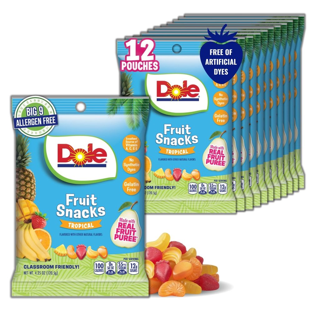 Dole Fruit Snacks, Tropical Flavors - Individually Wrapped Pouches - Classroom-Friendly, Top 9 Allergen Free, No Artificial Dyes, Natural Fruit Pure - 1 Box, 12 Total Pouches
