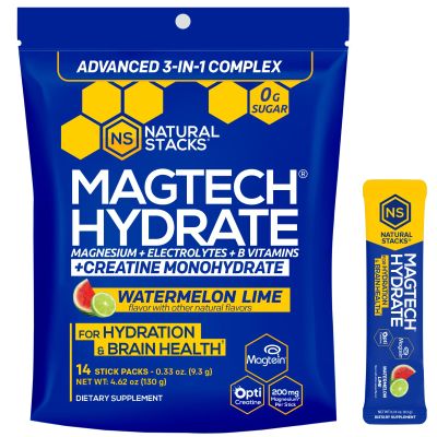 NATURAL STACKS Magtech Magnesium Hydrate + Creatine - Sugar Free Electrolyte Drink - Magtein Magnesium L-Threonate, Glycinate & Taurate - Supports Hydration & Cellular Energy - 14 Hydration Packets