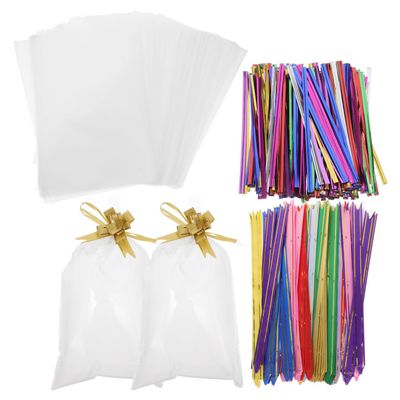 Beavorty 400pcs Cellophane Bags 15x25cm with Twist Ties and Pull Bows for Cookie Packaging Candy Treat Bags Wrap for Party Favors and Small Presents