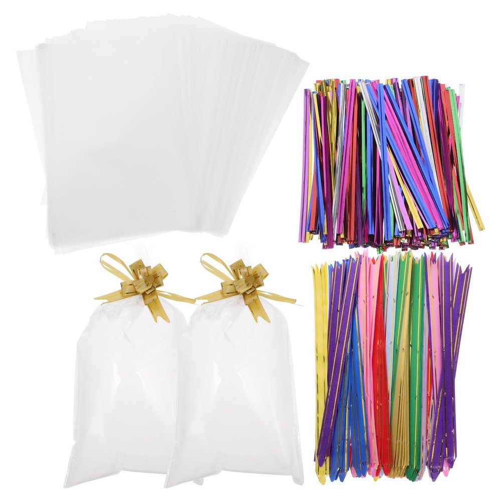 Beavorty 400pcs Cellophane Bags 15x25cm with Twist Ties and Pull Bows for Cookie Packaging Candy Treat Bags Wrap for Party Favors and Small Presents