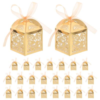 Abaodam Hollow Laser Cut Wedding Candy Boxes with Ribbon, 25pcs Small Party Favor Treats Packaging, Gold Reflective Paper Boxes for Bridal Shower and Wedding Favors