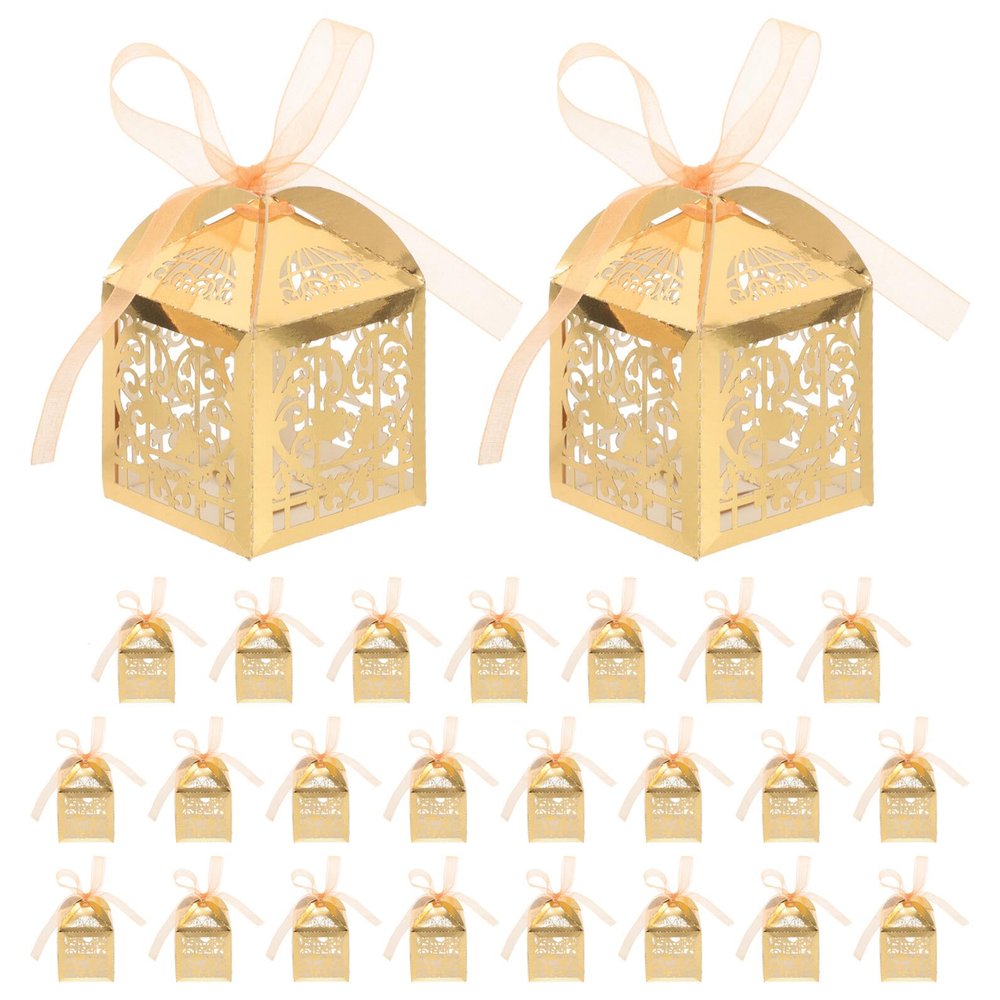 Abaodam Hollow Laser Cut Wedding Candy Boxes with Ribbon, 25pcs Small Party Favor Treats Packaging, Gold Reflective Paper Boxes for Bridal Shower and Wedding Favors