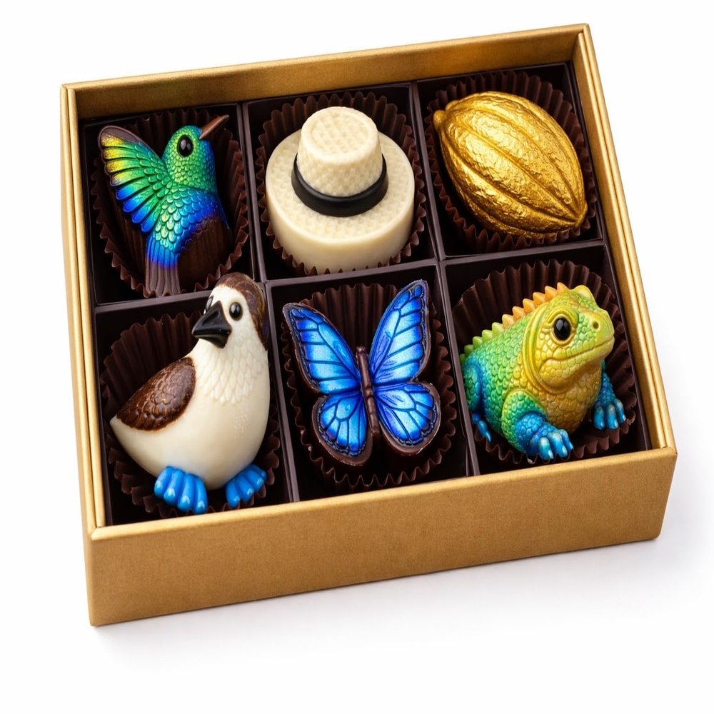 Gourmet Chocolate Gift Box, 6-Piece Assortment, Hummingbird Butterfly Lizard Bird Designs, Gold Packaging