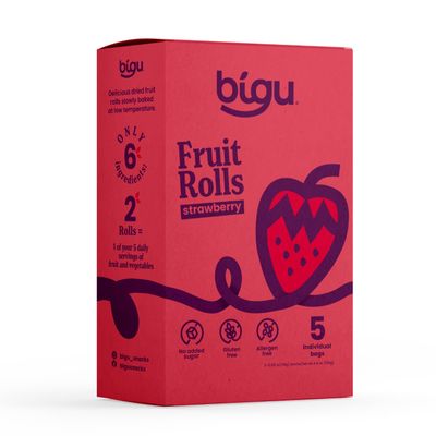 Bigu Strawberry Fruit Rolls (5 Pack) - Natural Fruit Leather Snack, No Added Sugar, Vegan, Gluten Free, Kosher - 2 Rolls per Pouch (10 Total), Healthy Kids Snack