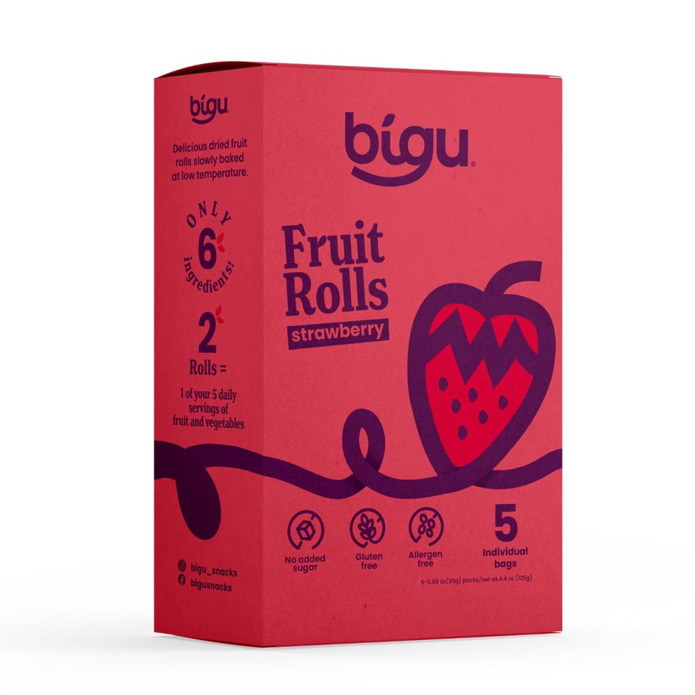 Bigu Strawberry Fruit Rolls (5 Pack) - Natural Fruit Leather Snack, No Added Sugar, Vegan, Gluten Free, Kosher - 2 Rolls per Pouch (10 Total), Healthy Kids Snack
