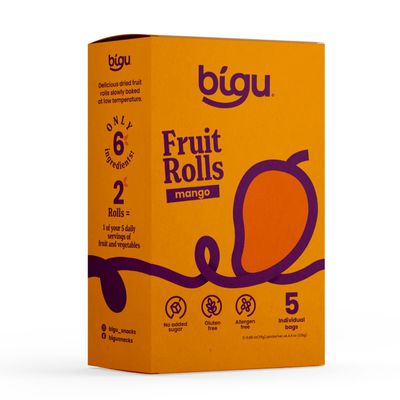 Bigu Fruit Rolls (5 Pack) 100% Natural Fruit Leather, No Added Sugar 2 Rolls per Pouch (10 Rolls Total) Healthy Kids Snacks, School Safe, Gluten Free (Mango)