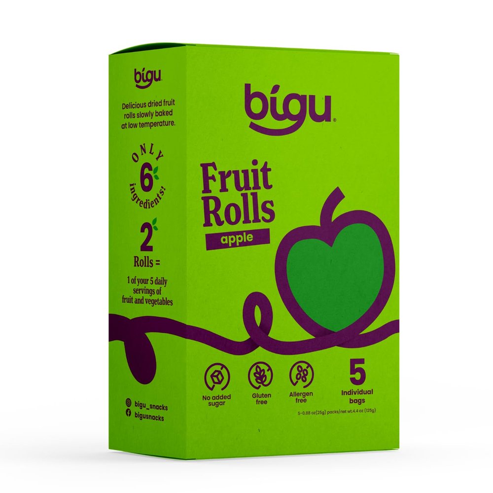 Bigu Apple Fruit Rolls (5 Pack) - Natural Fruit Leather Snack, No Added Sugar, Vegan, Gluten Free, Kosher - 2 Rolls per Pouch (10 Total), Healthy Kids Snack